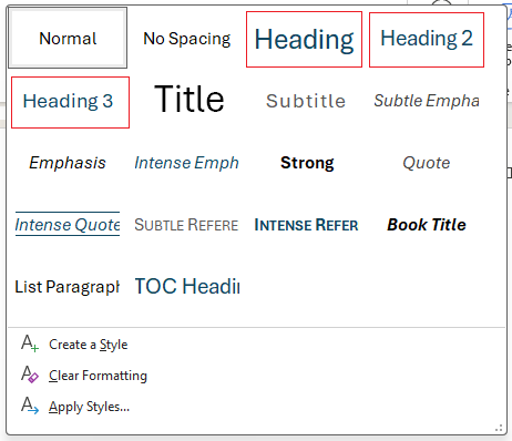 Heading levels 1 2 and 3 in Styles Gallery in Word